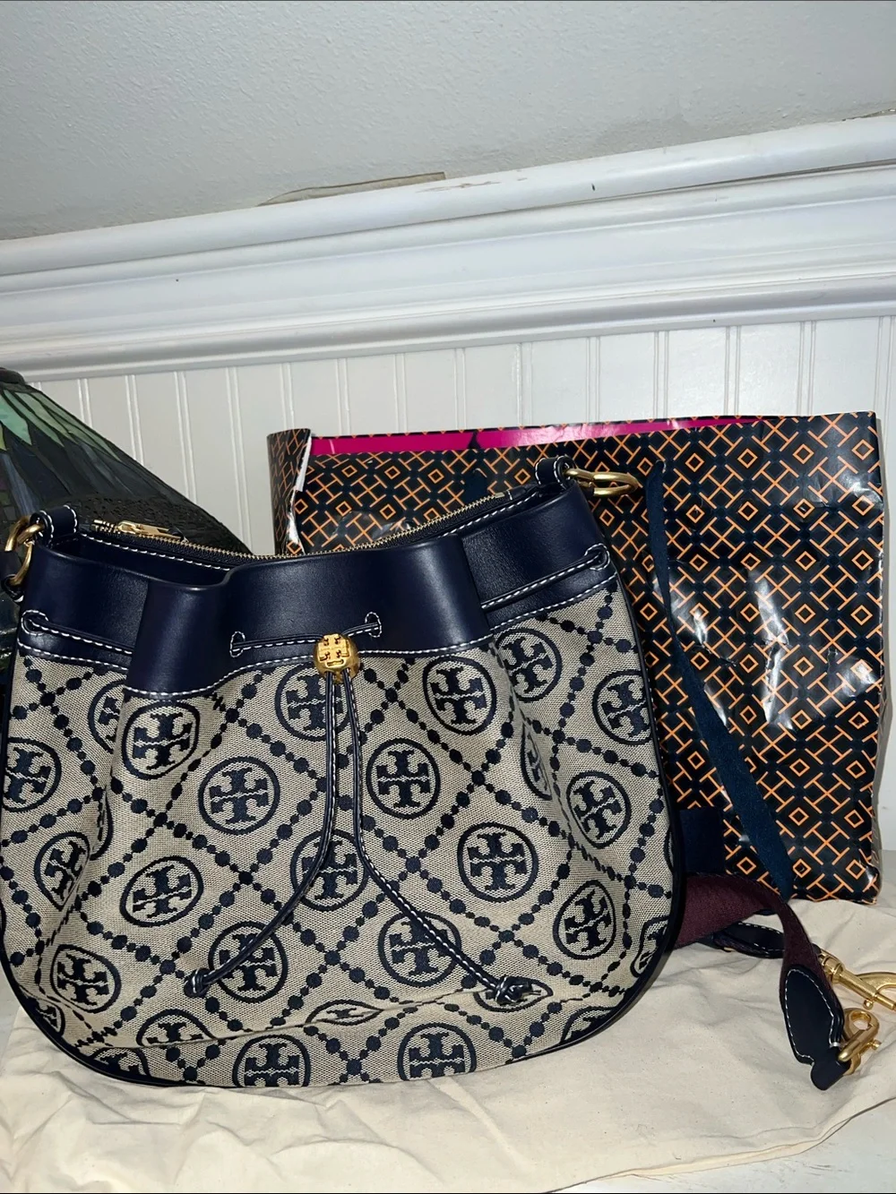 NWT Tory Burch T monogram Jacquard drawstring hobo purse